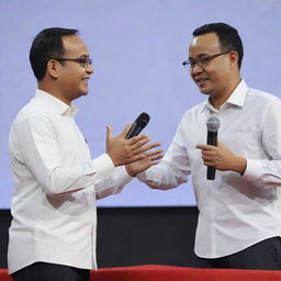 A detailed 3D HD illustration of Anies Baswedan delivering a campaign speech on stage, while holding a young man's hand in a close-up shot.