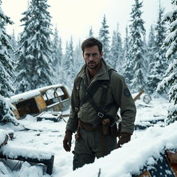 a male pilot stranded in a snowy forest, standing amidst scattered plane wreckage