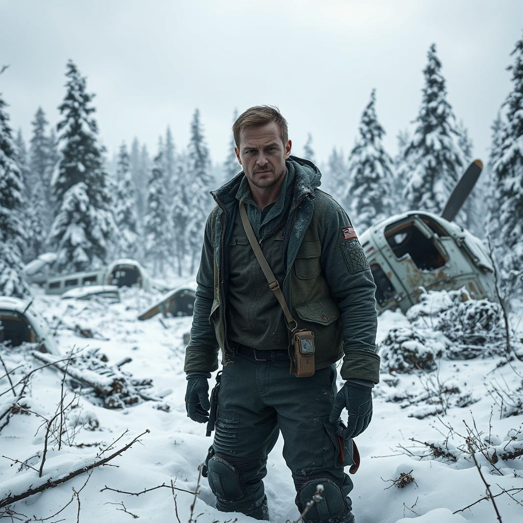 a male pilot stranded in a snowy forest, standing amidst scattered plane wreckage