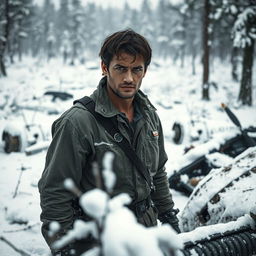 a male pilot stranded in a snowy forest, standing amidst scattered plane wreckage