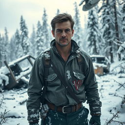 a male pilot stranded in a snowy forest, standing amidst scattered plane wreckage