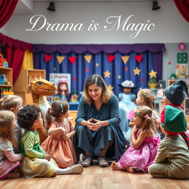 A heartwarming scene of a drama teacher surrounded by young children in playful drama costumes, depicting characters like a dragon, a princess, and a wizard