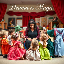 A heartwarming scene of a drama teacher surrounded by young children in playful drama costumes, depicting characters like a dragon, a princess, and a wizard