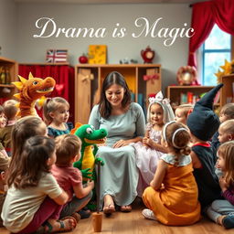 A heartwarming scene of a drama teacher surrounded by young children in playful drama costumes, depicting characters like a dragon, a princess, and a wizard