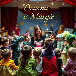 A heartwarming scene of a drama teacher surrounded by young children in playful drama costumes, depicting characters like a dragon, a princess, and a wizard