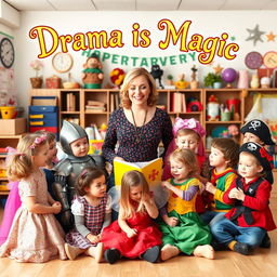 A heartwarming image of a drama teacher surrounded by young children in various colorful drama costumes like a knight, fairy, and pirate