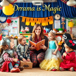 A heartwarming image of a drama teacher surrounded by young children in various colorful drama costumes like a knight, fairy, and pirate