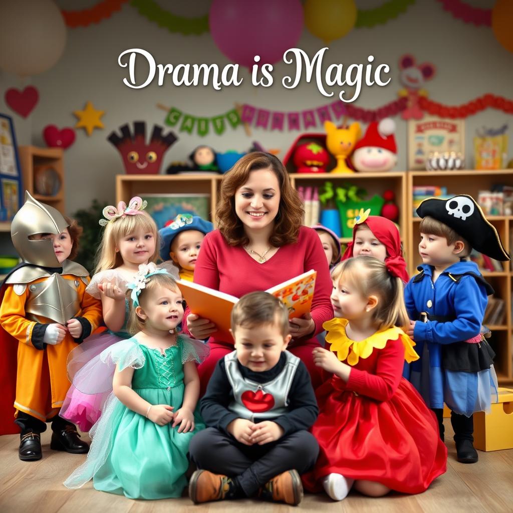 A heartwarming image of a drama teacher surrounded by young children in various colorful drama costumes like a knight, fairy, and pirate