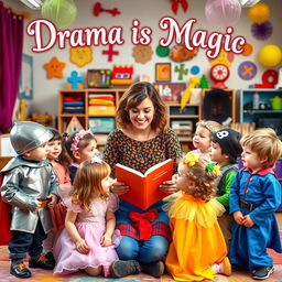 A heartwarming image of a drama teacher surrounded by young children in various colorful drama costumes like a knight, fairy, and pirate