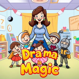 A delightful cartoon depicting a drama teacher surrounded by young children, each dressed in vibrant and whimsical drama character costumes like an astronaut, a ballerina, and a knight