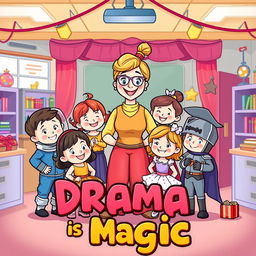 A delightful cartoon depicting a drama teacher surrounded by young children, each dressed in vibrant and whimsical drama character costumes like an astronaut, a ballerina, and a knight