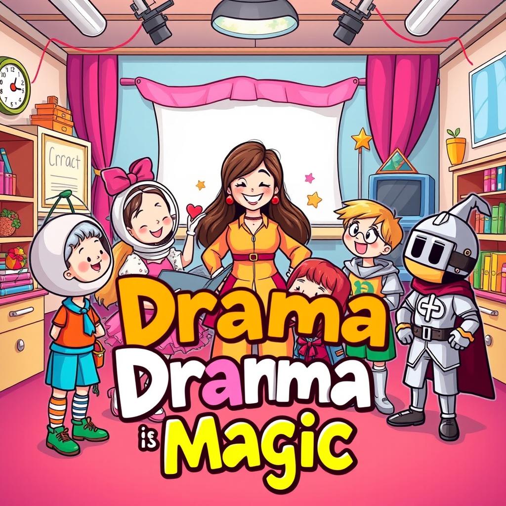 A delightful cartoon depicting a drama teacher surrounded by young children, each dressed in vibrant and whimsical drama character costumes like an astronaut, a ballerina, and a knight