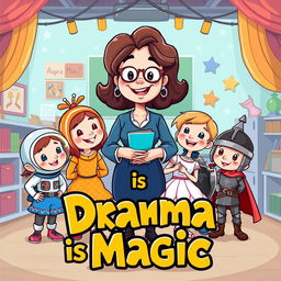 A delightful cartoon depicting a drama teacher surrounded by young children, each dressed in vibrant and whimsical drama character costumes like an astronaut, a ballerina, and a knight