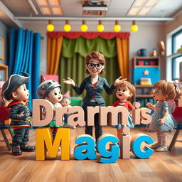 A captivating 3D scene featuring a drama teacher with young children, each dressed in imaginative drama character costumes like a pirate, a robot, and a fairy