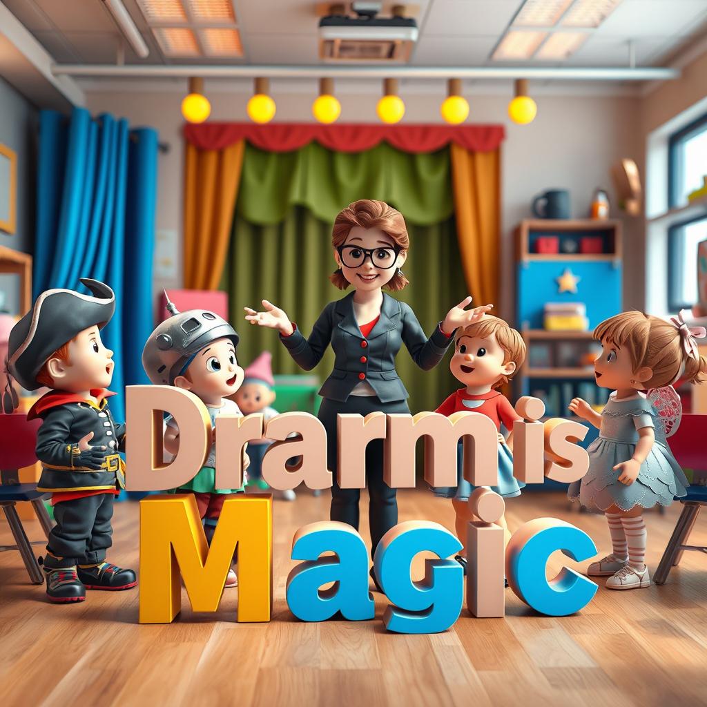A captivating 3D scene featuring a drama teacher with young children, each dressed in imaginative drama character costumes like a pirate, a robot, and a fairy