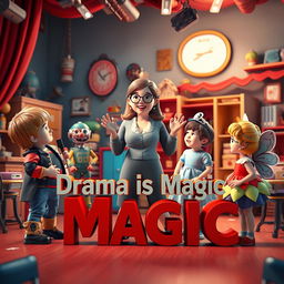 A captivating 3D scene featuring a drama teacher with young children, each dressed in imaginative drama character costumes like a pirate, a robot, and a fairy