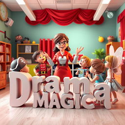 A captivating 3D scene featuring a drama teacher with young children, each dressed in imaginative drama character costumes like a pirate, a robot, and a fairy