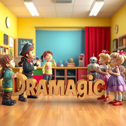 A captivating 3D scene featuring a drama teacher with young children, each dressed in imaginative drama character costumes like a pirate, a robot, and a fairy