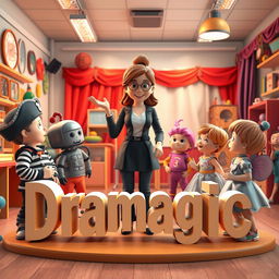 A captivating 3D scene featuring a drama teacher with young children, each dressed in imaginative drama character costumes like a pirate, a robot, and a fairy