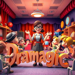 A captivating 3D scene featuring a drama teacher with young children, each dressed in imaginative drama character costumes like a pirate, a robot, and a fairy