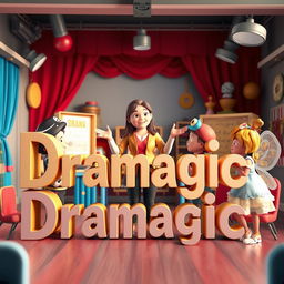 A captivating 3D scene featuring a drama teacher with young children, each dressed in imaginative drama character costumes like a pirate, a robot, and a fairy