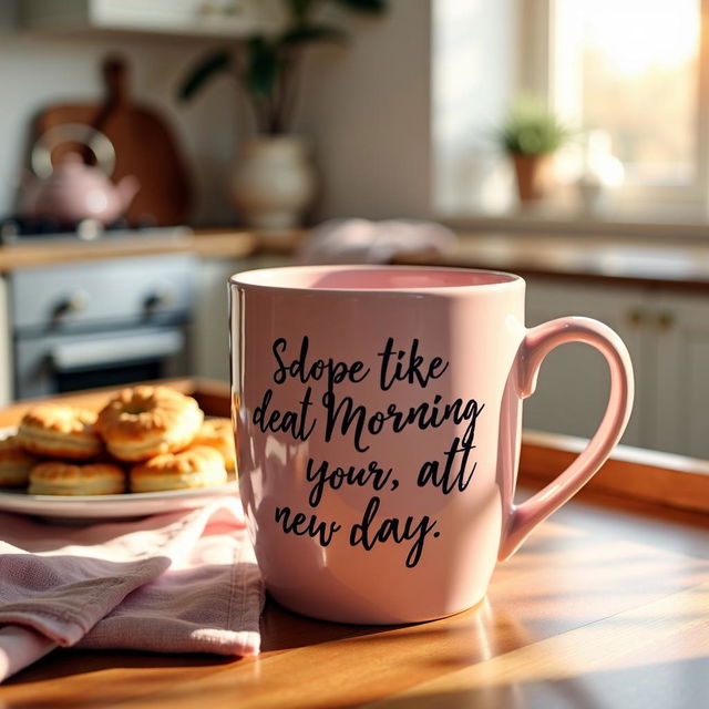 A beautifully designed pink mug with a motivational morning quote