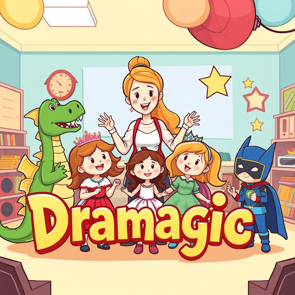 A heartwarming cartoon depicting a drama teacher engaging with young children, all dressed in diverse and colorful drama character costumes like a dragon, a princess, and a superhero