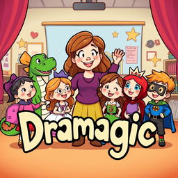 A heartwarming cartoon depicting a drama teacher engaging with young children, all dressed in diverse and colorful drama character costumes like a dragon, a princess, and a superhero