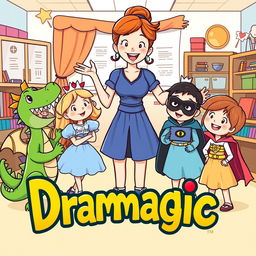 A heartwarming cartoon depicting a drama teacher engaging with young children, all dressed in diverse and colorful drama character costumes like a dragon, a princess, and a superhero