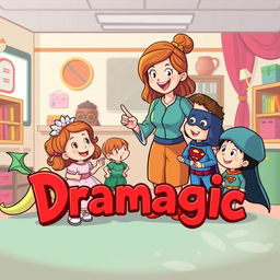 A heartwarming cartoon depicting a drama teacher engaging with young children, all dressed in diverse and colorful drama character costumes like a dragon, a princess, and a superhero