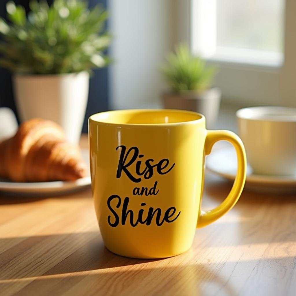 A beautiful yellow mug with a cheerful script reading 'Rise and Shine', placed on a wooden breakfast table with morning sunlight streaming through a nearby window