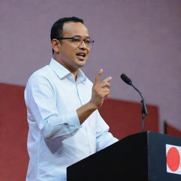 A realistic 3D HD image of Anies Baswedan delivering a campaign speech on stage, gripping the hand of a young man