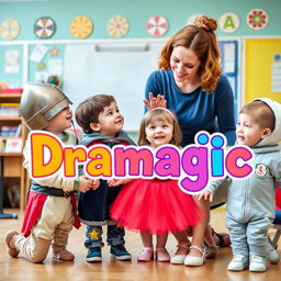 A heartwarming real-life photo of a drama teacher interacting affectionately with young children in a classroom setting