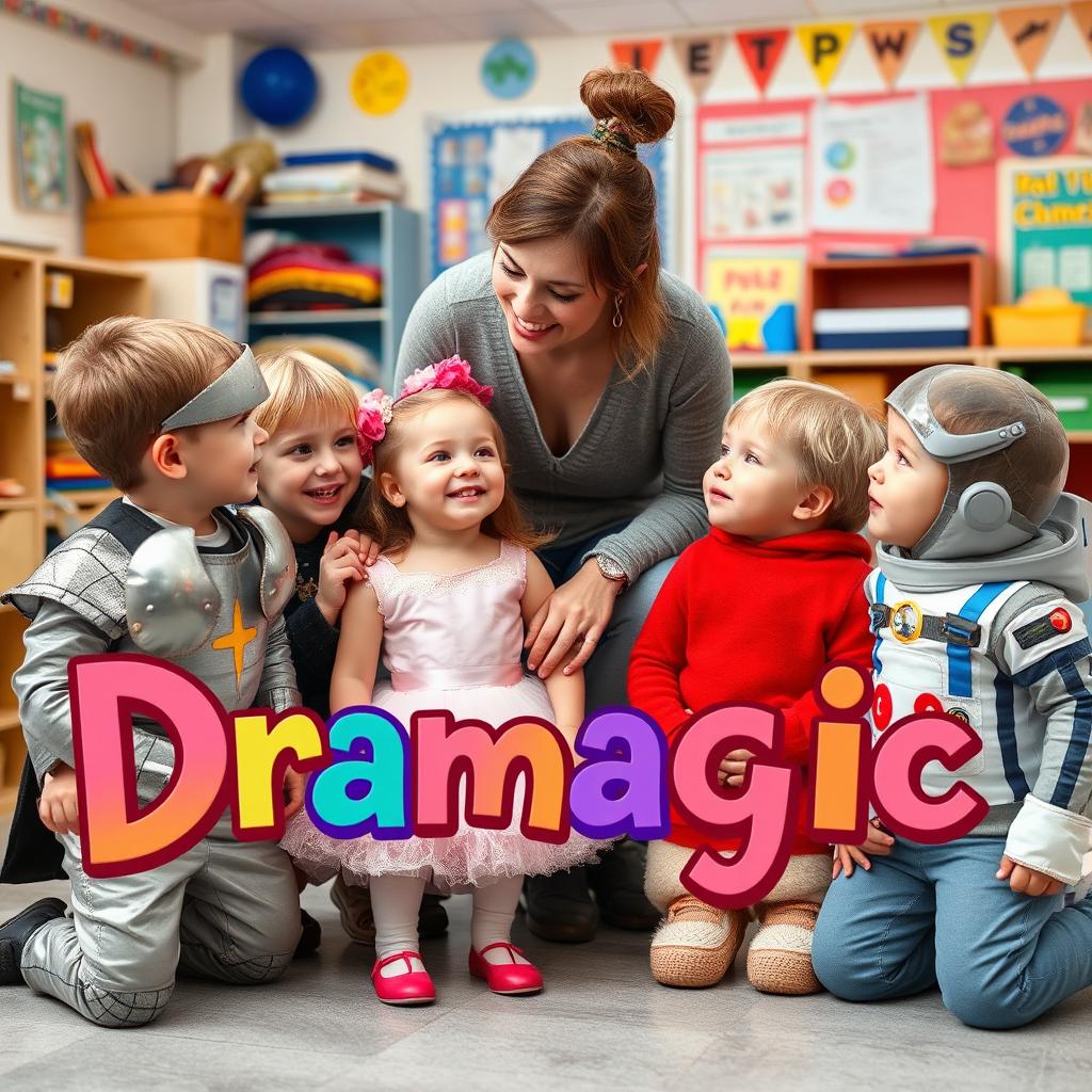 A heartwarming real-life photo of a drama teacher interacting affectionately with young children in a classroom setting