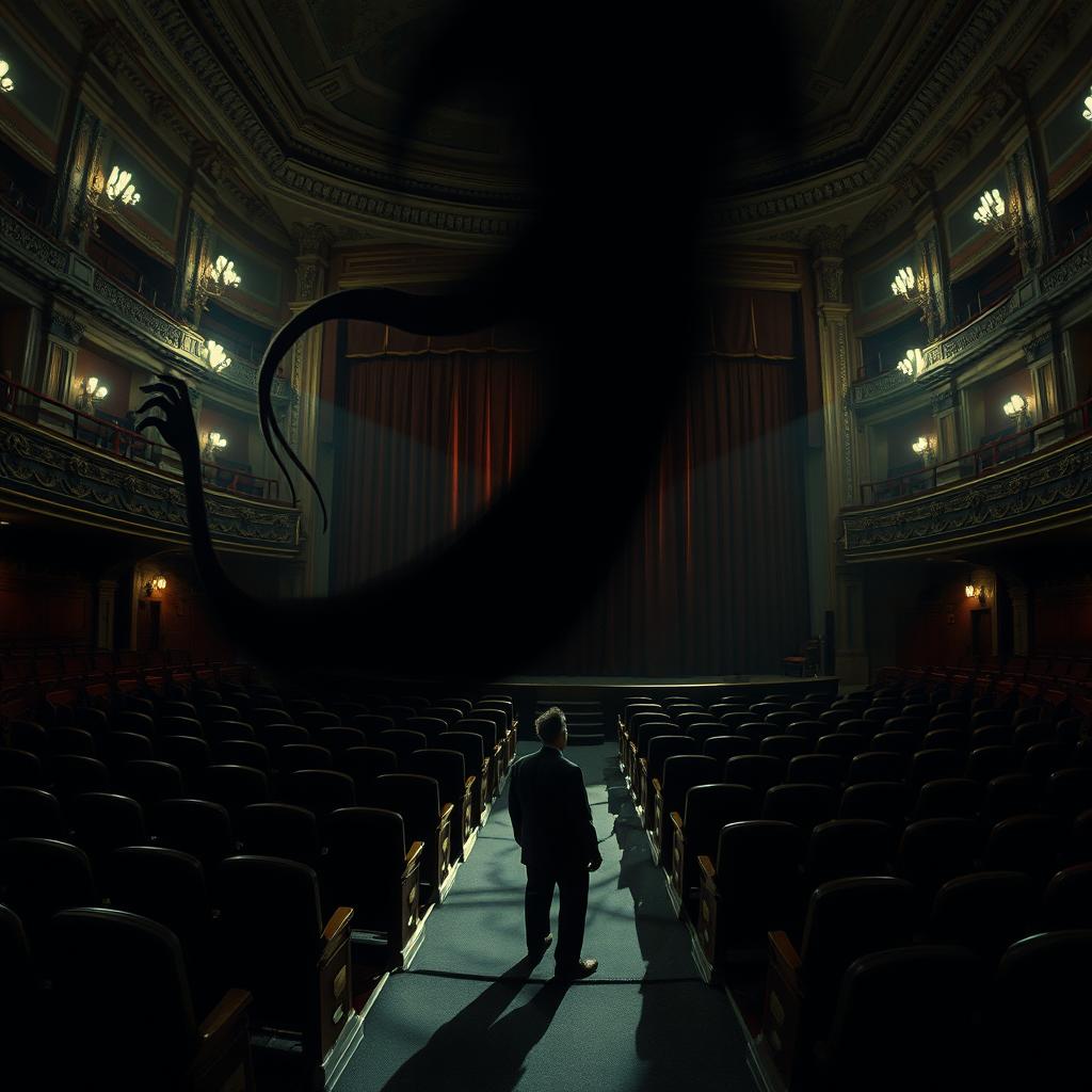 Inside a theater auditorium, a haunting scene unfolds where a dark, elongated shadow extends towards a man seated near the stage