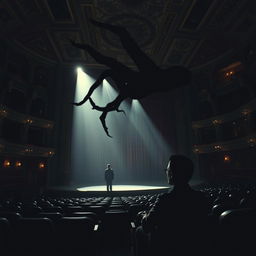 Inside a theater auditorium, a haunting scene unfolds where a dark, elongated shadow extends towards a man seated near the stage