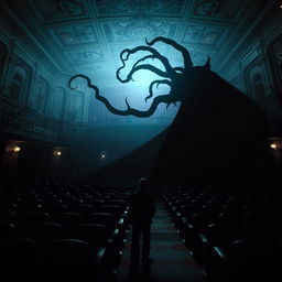 Inside a theater auditorium, a haunting scene unfolds where a dark, elongated shadow extends towards a man seated near the stage