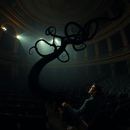 Inside a theater auditorium, a haunting scene unfolds where a dark, elongated shadow extends towards a man seated near the stage