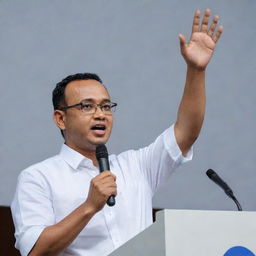 A realistic 3D HD image of Anies Baswedan delivering a campaign speech on stage, gripping the hand of a young man