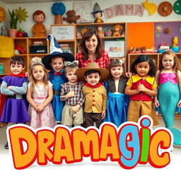 A real-life photograph capturing a diverse group of children with a drama teacher, each child dressed in various drama character costumes such as a wizard, a cowboy, and a mermaid