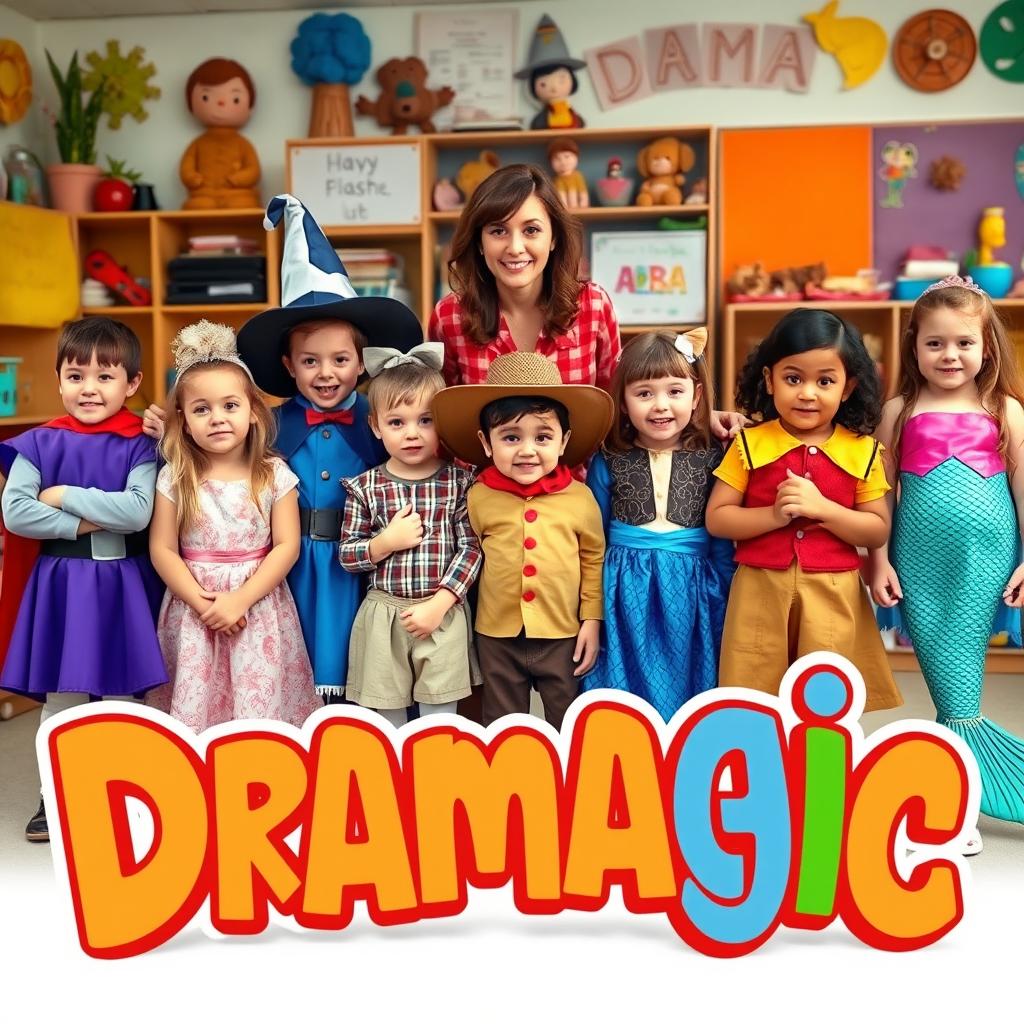 A real-life photograph capturing a diverse group of children with a drama teacher, each child dressed in various drama character costumes such as a wizard, a cowboy, and a mermaid