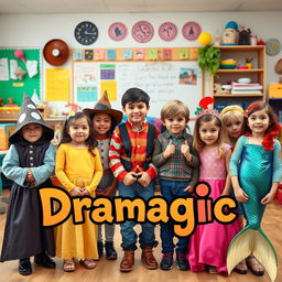 A real-life photograph capturing a diverse group of children with a drama teacher, each child dressed in various drama character costumes such as a wizard, a cowboy, and a mermaid