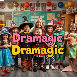 A real-life photograph capturing a diverse group of children with a drama teacher, each child dressed in various drama character costumes such as a wizard, a cowboy, and a mermaid