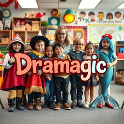 A real-life photograph capturing a diverse group of children with a drama teacher, each child dressed in various drama character costumes such as a wizard, a cowboy, and a mermaid