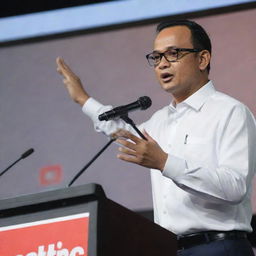 A realistic 3D HD image of Anies Baswedan delivering a campaign speech on stage, gripping the hand of a young man