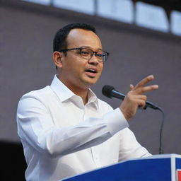 A realistic 3D HD image of Anies Baswedan delivering a campaign speech on stage, gripping the hand of a young man