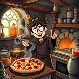 A whimsical scene featuring Harry Potter, the iconic wizard, enthusiastically cooking a delicious pizza in a cozy, magical kitchen setting