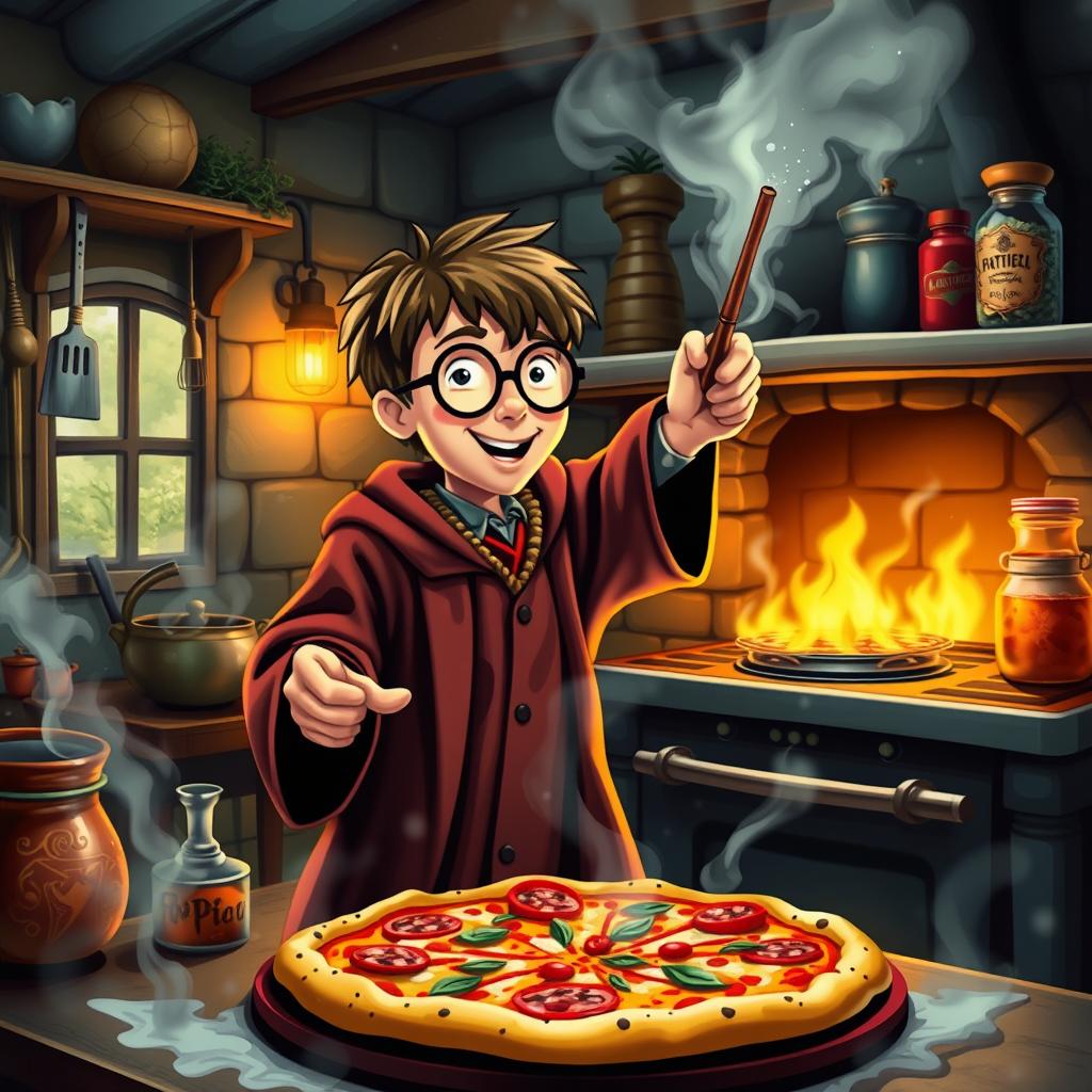 A whimsical scene featuring Harry Potter, the iconic wizard, enthusiastically cooking a delicious pizza in a cozy, magical kitchen setting