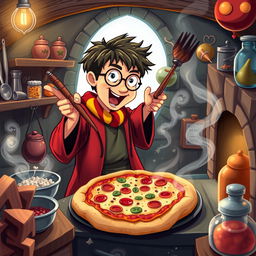 A whimsical scene featuring Harry Potter, the iconic wizard, enthusiastically cooking a delicious pizza in a cozy, magical kitchen setting