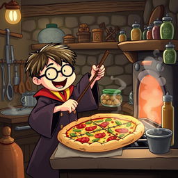 A whimsical scene featuring Harry Potter, the iconic wizard, enthusiastically cooking a delicious pizza in a cozy, magical kitchen setting